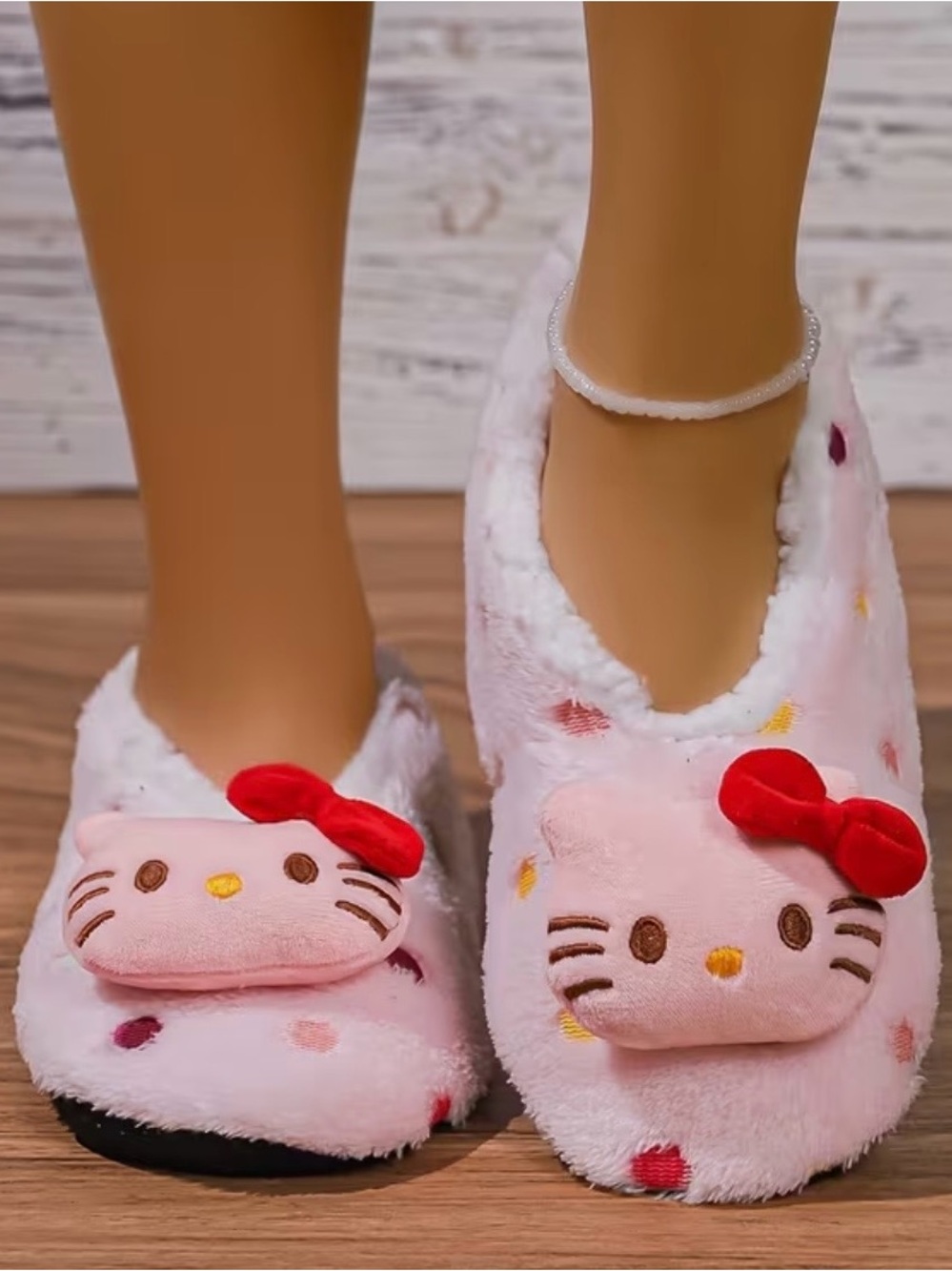 Hello Kitty Pink Plush Slippers with Hello Kitty Heads and Red Bows